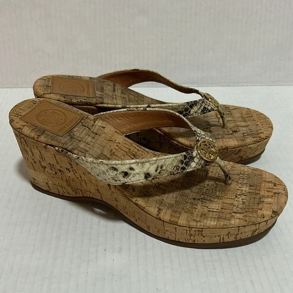 Tory Burch Suzy Sandals Snakeskin Cork Platform Wedge Leather - Size 7.5 - Picture 3 of 11